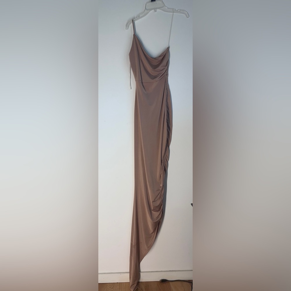 Windsor Taupe Ruched Asymmetric Maxi Dress